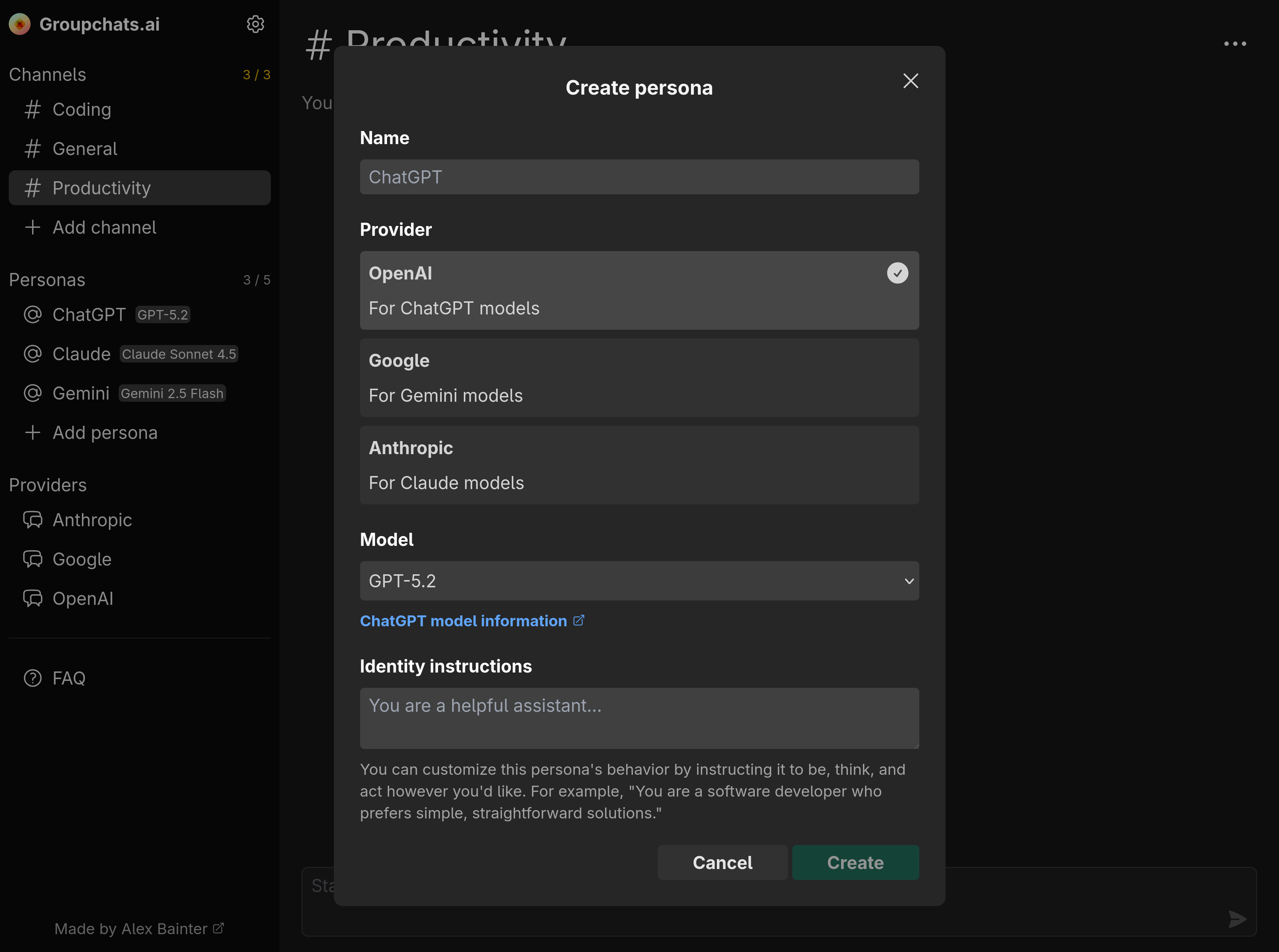 Screenshot of the persona creation process