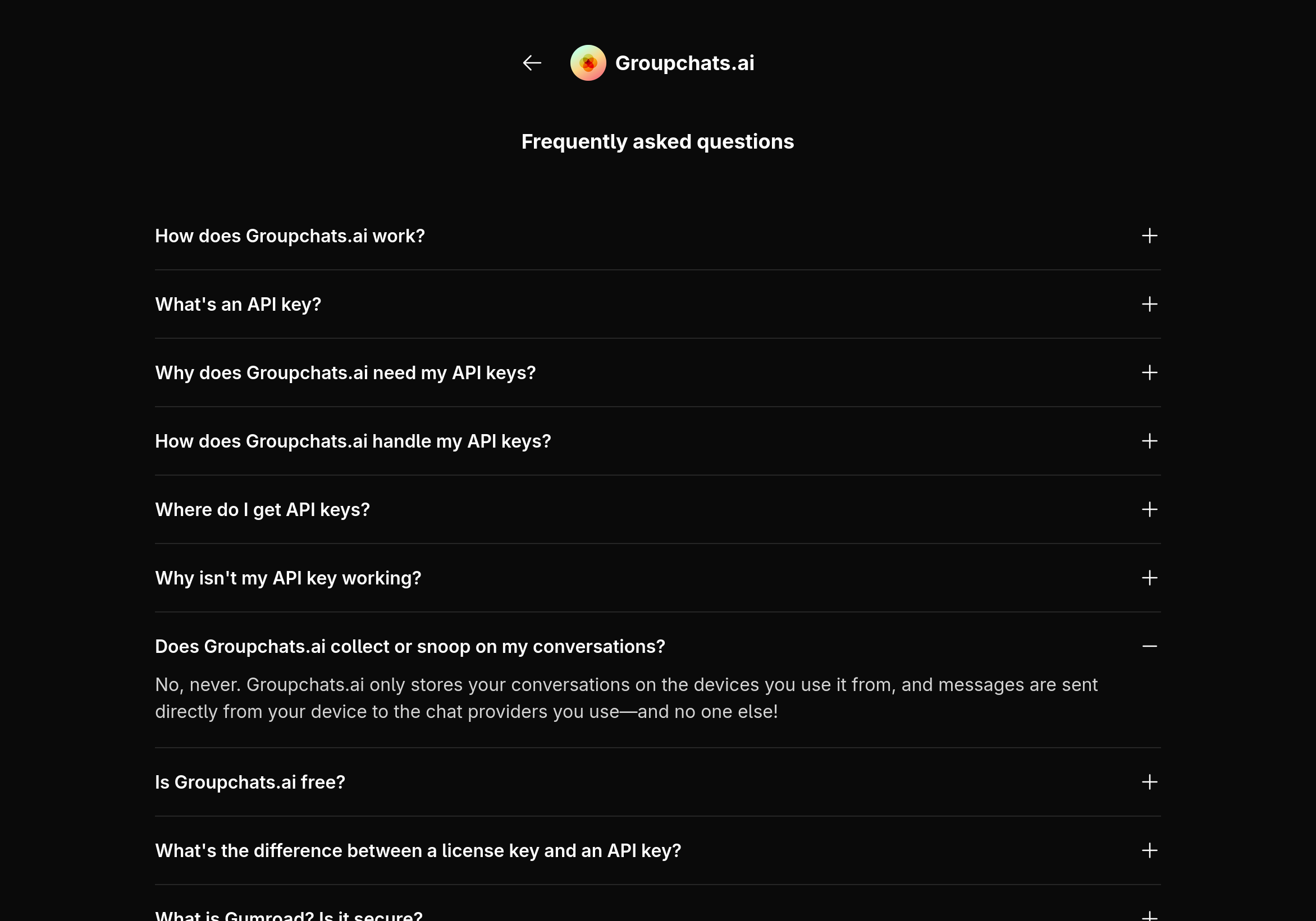 Screenshot of the FAQ page